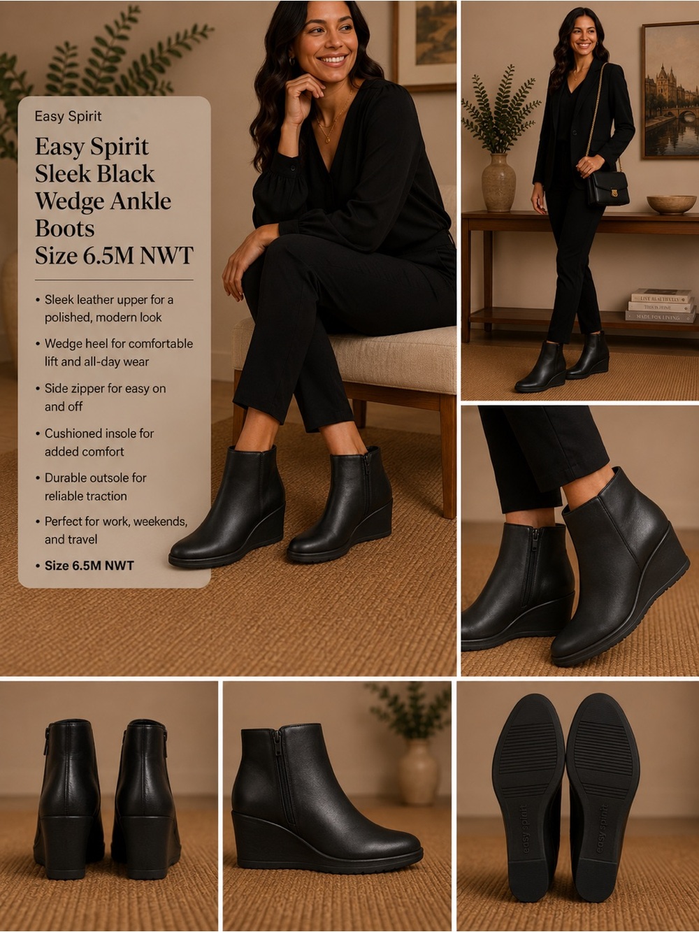 Easy Spirit Sleek Black Wedge Ankle Boots Size 6.5M NWT